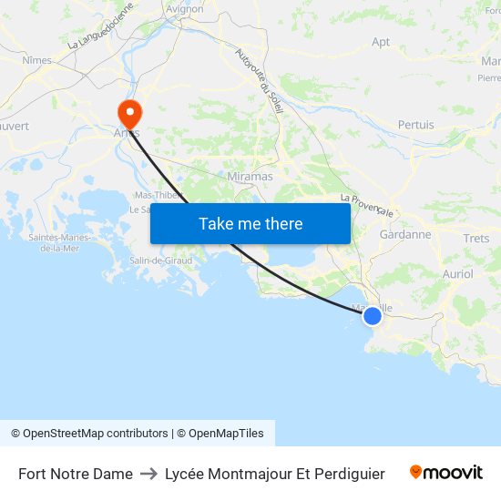 Fort Notre Dame to Lycée Montmajour Et Perdiguier map