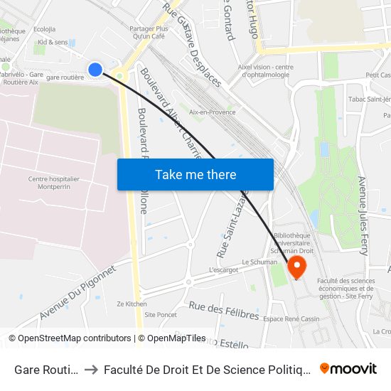 Gare Routière 03 to Faculté De Droit Et De Science Politique - Site Schuman map