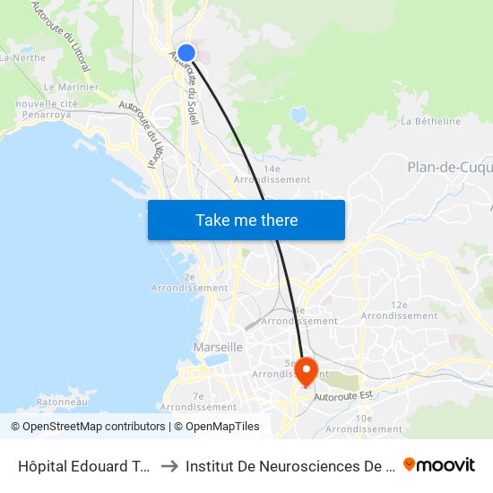 Hôpital Edouard Toulouse to Institut De Neurosciences De La Timone map
