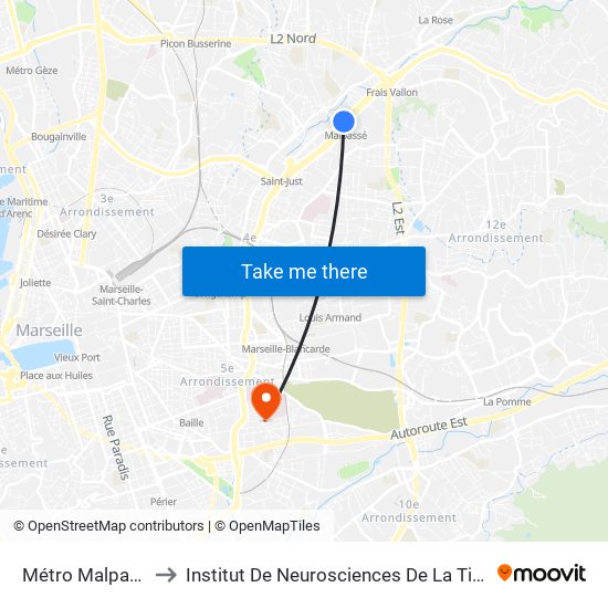 Métro Malpassé to Institut De Neurosciences De La Timone map