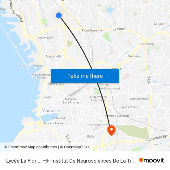 Lycée La Floride to Institut De Neurosciences De La Timone map