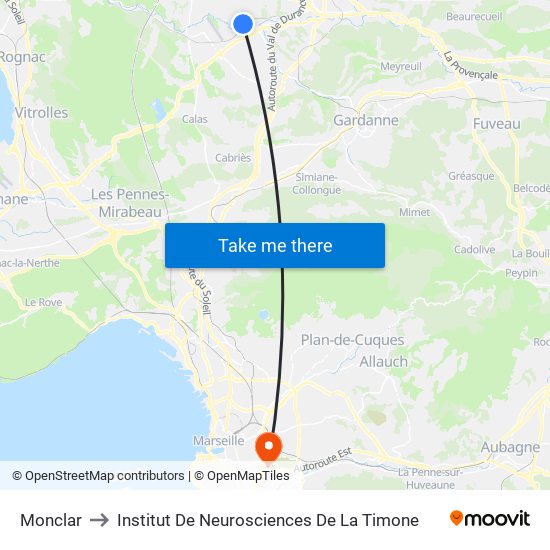 Monclar to Institut De Neurosciences De La Timone map