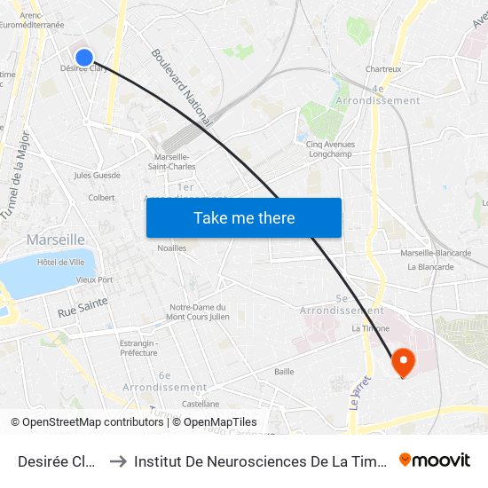 Desirée Clary to Institut De Neurosciences De La Timone map