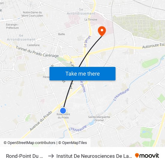 Rond-Point Du Prado to Institut De Neurosciences De La Timone map