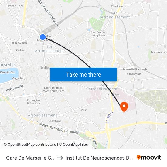 Gare De Marseille-St-Charles to Institut De Neurosciences De La Timone map