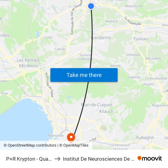 P+R Krypton - Quais 7 & 8 to Institut De Neurosciences De La Timone map