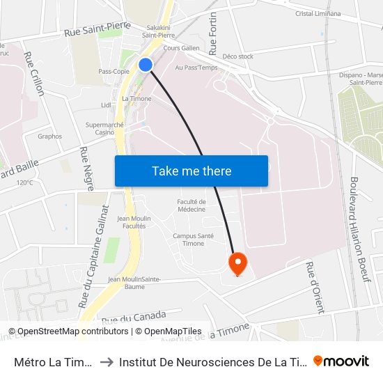 Métro La Timone to Institut De Neurosciences De La Timone map