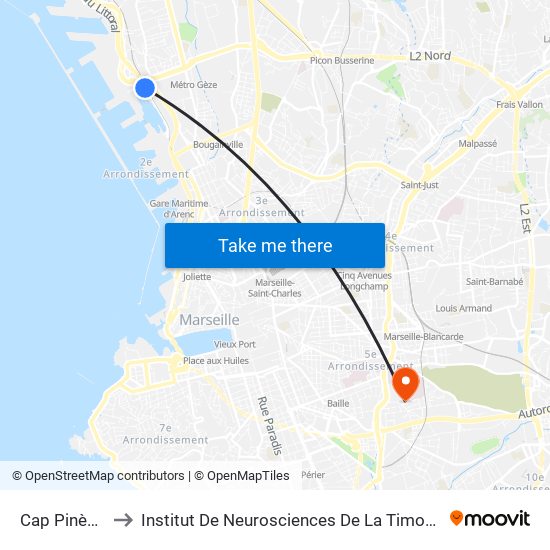Cap Pinède to Institut De Neurosciences De La Timone map