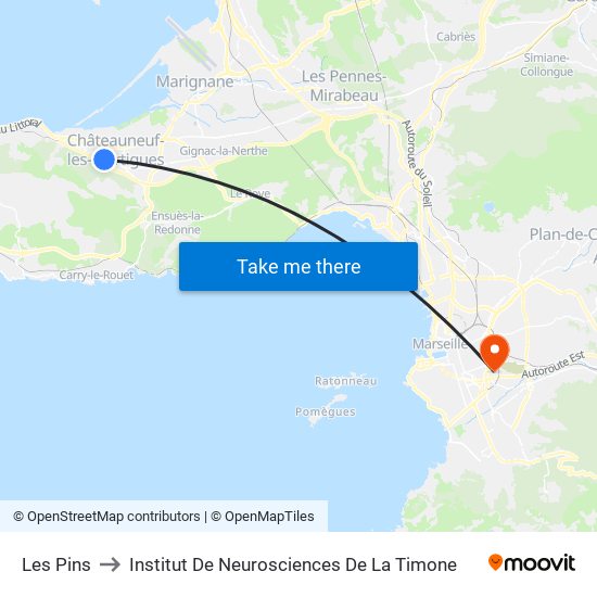 Les Pins to Institut De Neurosciences De La Timone map