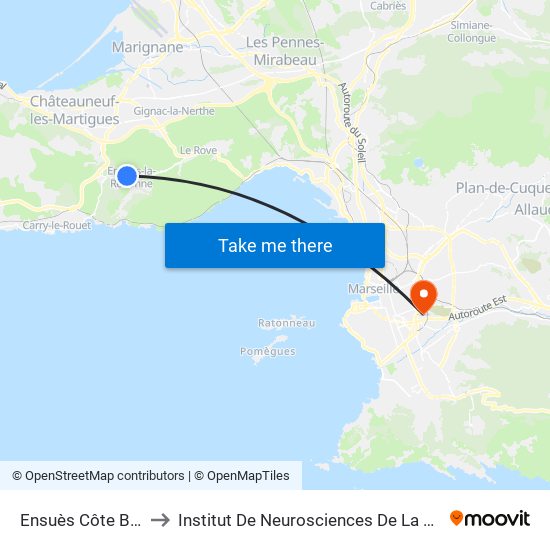Ensuès Côte Bleue to Institut De Neurosciences De La Timone map