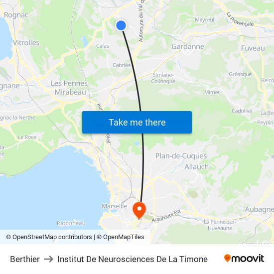 Berthier to Institut De Neurosciences De La Timone map