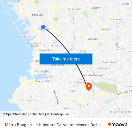 Métro Bougainville to Institut De Neurosciences De La Timone map
