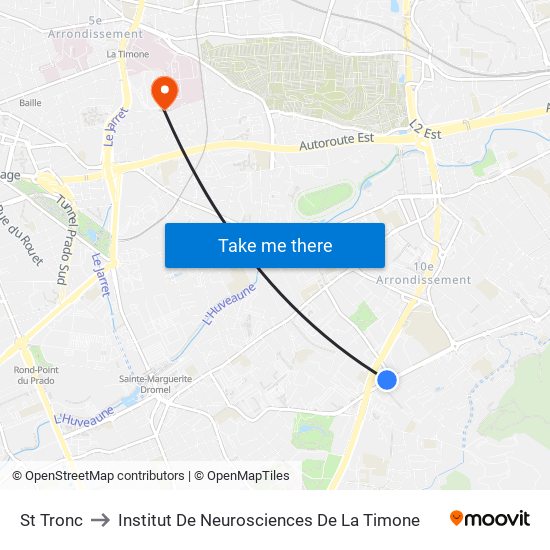 St Tronc to Institut De Neurosciences De La Timone map