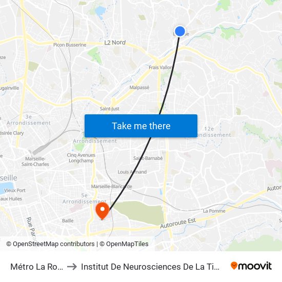 Métro La Rose to Institut De Neurosciences De La Timone map