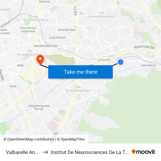 Valbarelle Andreu to Institut De Neurosciences De La Timone map