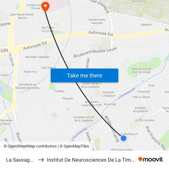 La Sauvagère to Institut De Neurosciences De La Timone map