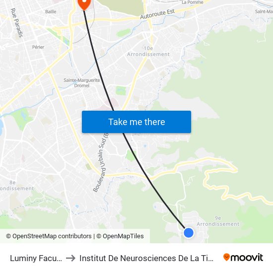 Luminy Faculté to Institut De Neurosciences De La Timone map