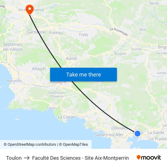 Toulon to Faculté Des Sciences - Site Aix-Montperrin map