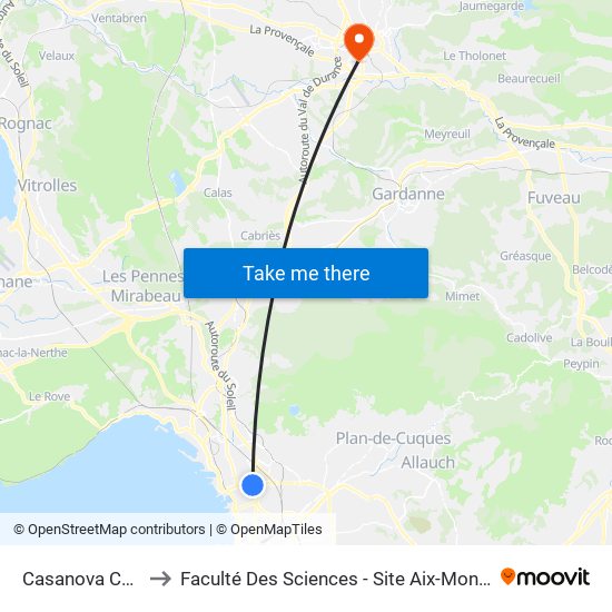Casanova Canet to Faculté Des Sciences - Site Aix-Montperrin map