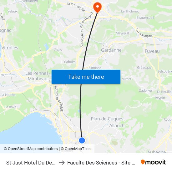 St Just Hôtel Du Departement to Faculté Des Sciences - Site Aix-Montperrin map