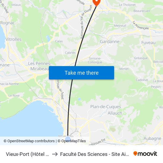 Vieux-Port (Hôtel De Ville) to Faculté Des Sciences - Site Aix-Montperrin map