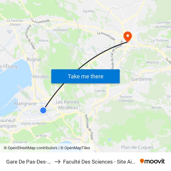 Gare De Pas-Des-Lanciers to Faculté Des Sciences - Site Aix-Montperrin map