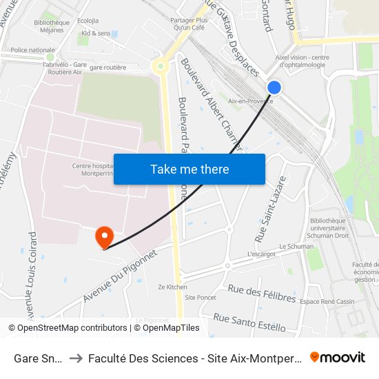 Gare Sncf to Faculté Des Sciences - Site Aix-Montperrin map