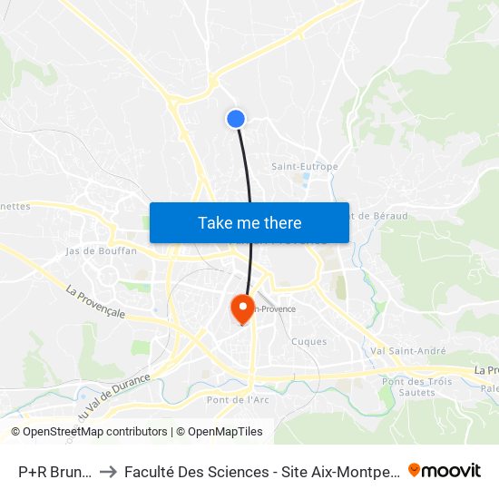 P+R Brunet to Faculté Des Sciences - Site Aix-Montperrin map