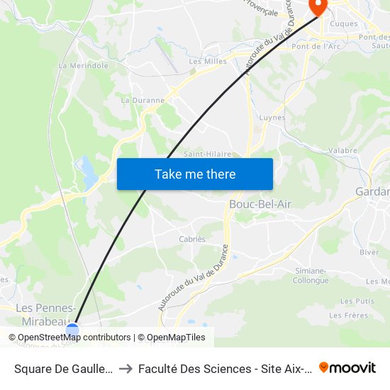 Square De Gaulle Quai 1 to Faculté Des Sciences - Site Aix-Montperrin map
