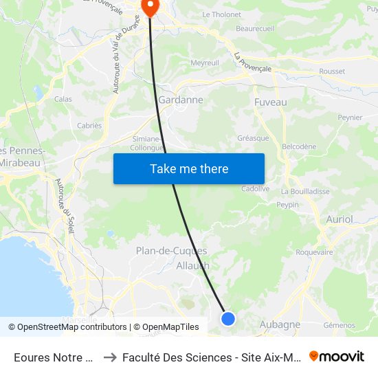 Eoures Notre Dame to Faculté Des Sciences - Site Aix-Montperrin map