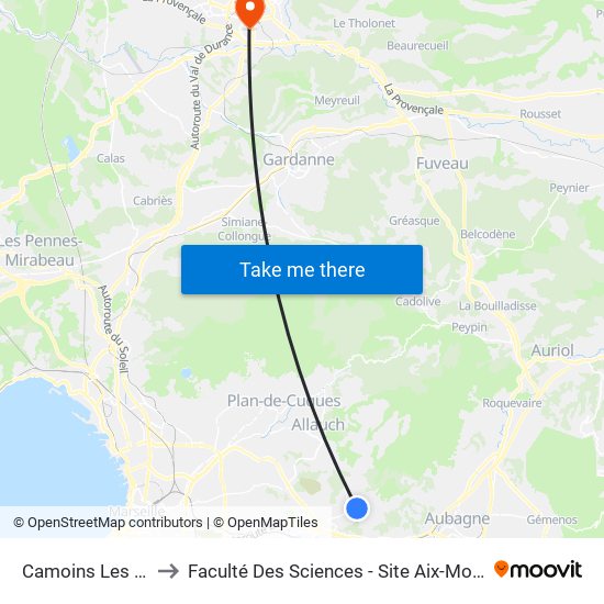 Camoins Les Clos to Faculté Des Sciences - Site Aix-Montperrin map