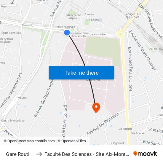 Gare Routière to Faculté Des Sciences - Site Aix-Montperrin map