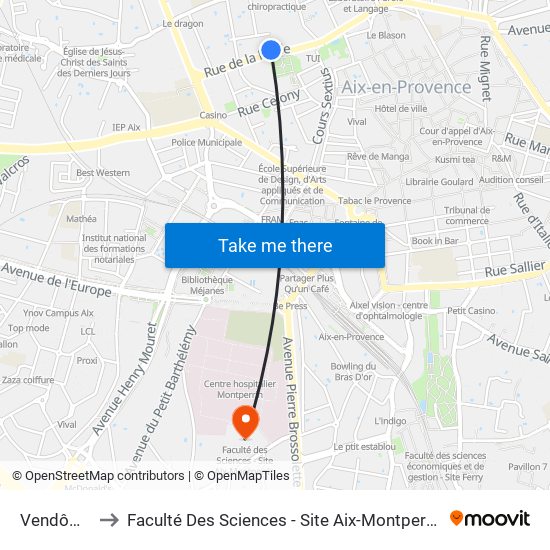 Vendôme to Faculté Des Sciences - Site Aix-Montperrin map