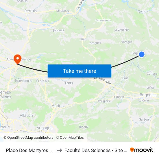 Place Des Martyres Du Bessillon to Faculté Des Sciences - Site Aix-Montperrin map
