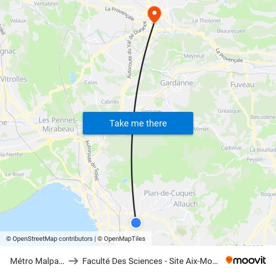 Métro Malpassé to Faculté Des Sciences - Site Aix-Montperrin map