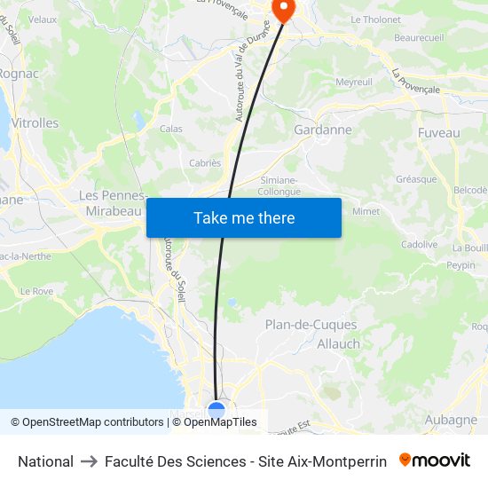 National to Faculté Des Sciences - Site Aix-Montperrin map
