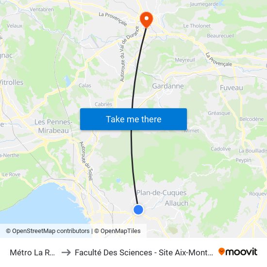 Métro La Rose to Faculté Des Sciences - Site Aix-Montperrin map