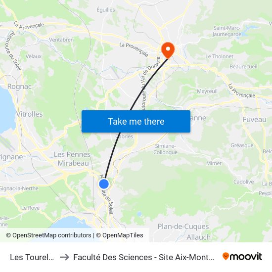 Les Tourelles to Faculté Des Sciences - Site Aix-Montperrin map