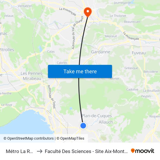 Métro La Rose to Faculté Des Sciences - Site Aix-Montperrin map