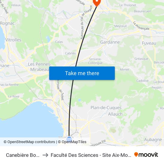 Canebière Bourse to Faculté Des Sciences - Site Aix-Montperrin map