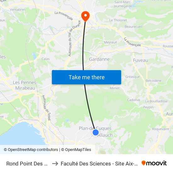 Rond Point Des Oliviers to Faculté Des Sciences - Site Aix-Montperrin map