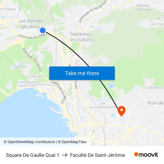Square De Gaulle Quai 1 to Faculté De Saint-Jérôme map
