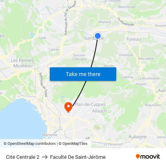 Cité Centrale 2 to Faculté De Saint-Jérôme map
