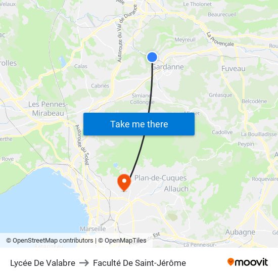 Lycée De Valabre to Faculté De Saint-Jérôme map