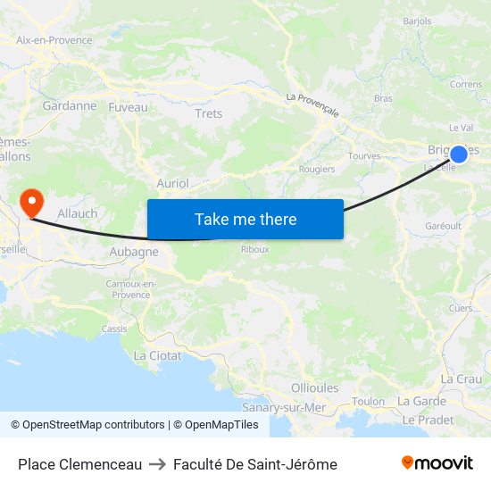 Place Clemenceau to Faculté De Saint-Jérôme map