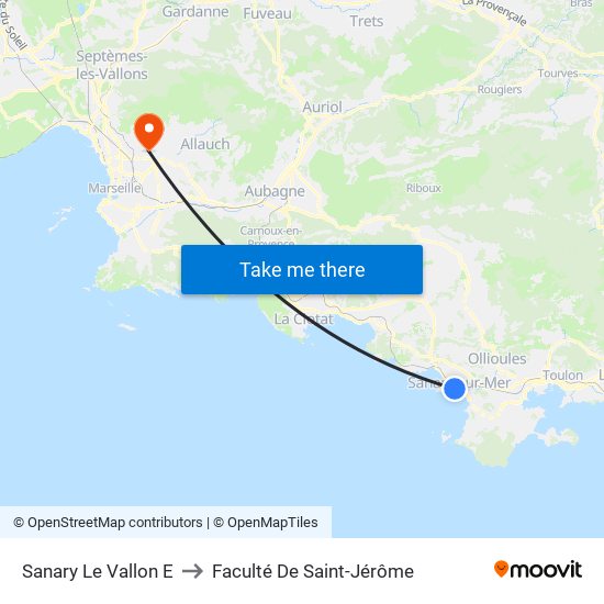 Sanary Le Vallon E to Faculté De Saint-Jérôme map