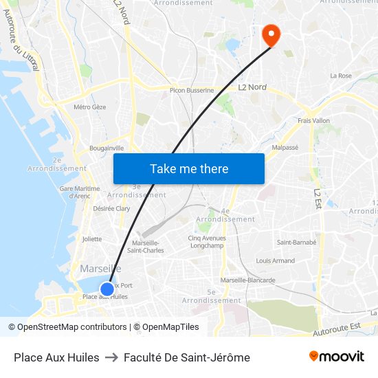 Place Aux Huiles to Faculté De Saint-Jérôme map