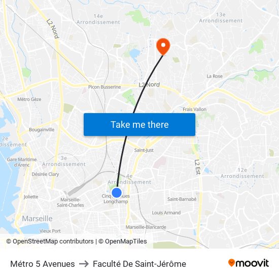 Métro 5 Avenues to Faculté De Saint-Jérôme map