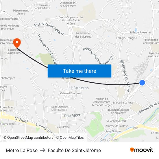 Métro La Rose to Faculté De Saint-Jérôme map