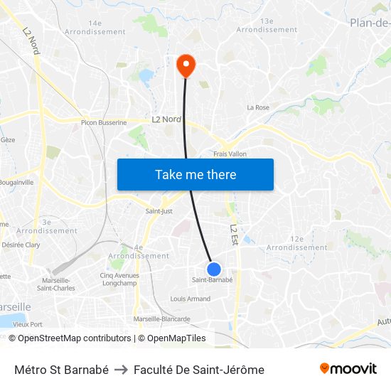 Métro St Barnabé to Faculté De Saint-Jérôme map